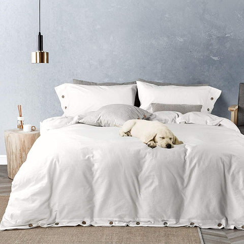 JELLYMONI(ジェリーモニ)◆掛け布団カバー2～3点セット◆100％ウォッシュドコットン／White 100% Washed Cotton Duvet Cover Set, Luxury Soft Bedding Set with Buttons Closure. Solid Color Pattern Duvet Cover