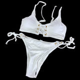 ＜即納品＞ZAFUL(ザフル)／Lace-up Tie Side Ribbed Bikini Swimsuit／レースアップネクタイサイドリブビキニ水着／SKU: 4625252XX／Color：WHITE(ホワイト)