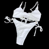 ＜即納品＞ZAFUL(ザフル)／Lace-up Tie Side Ribbed Bikini Swimsuit／レースアップネクタイサイドリブビキニ水着／SKU: 4625252XX／Color：WHITE(ホワイト)